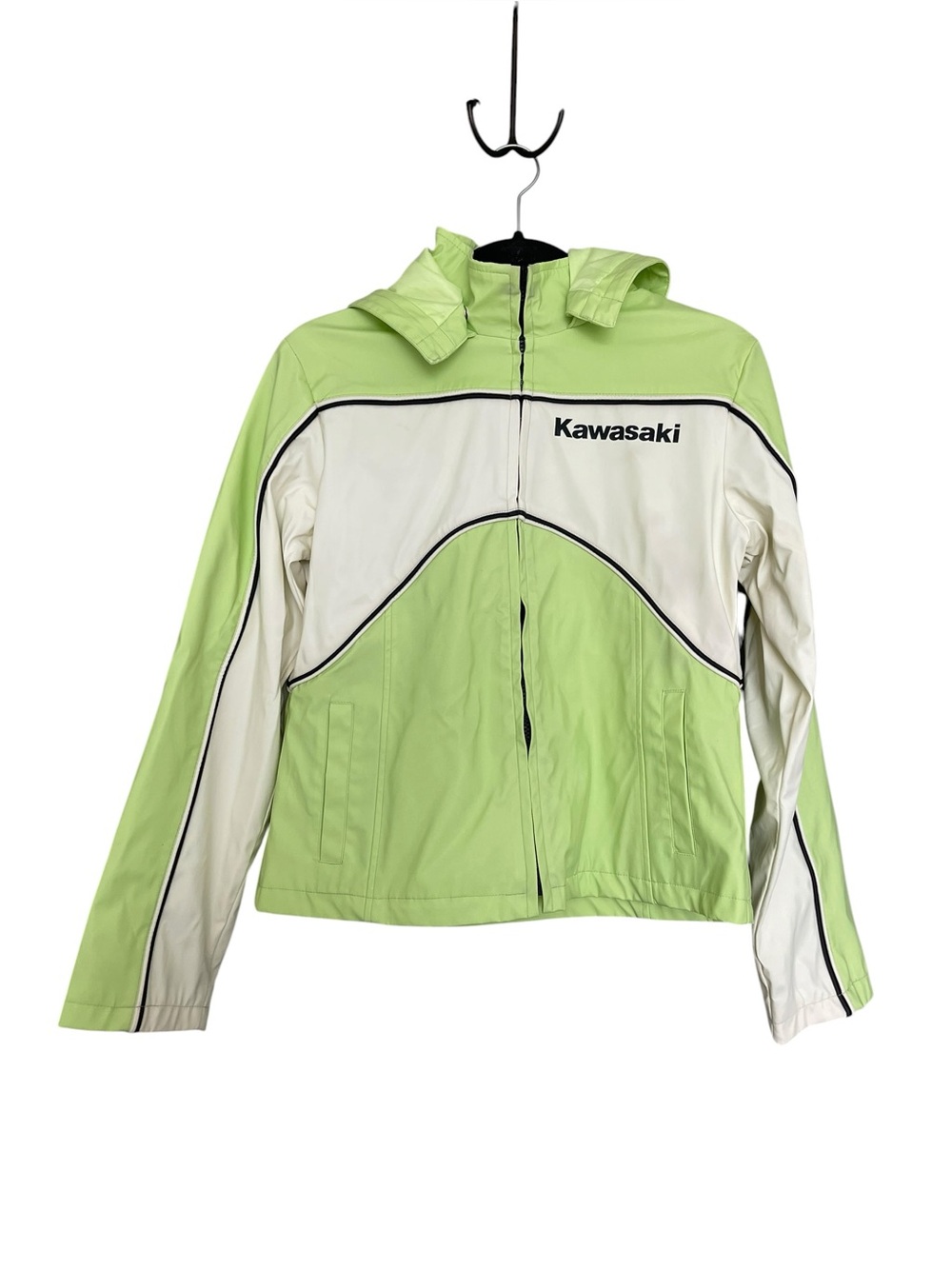 Vintage Kawasaki Women's Lime & White Hooded Jacket